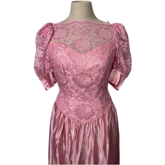 Vintage 80s Pink Lace Puff Sleeve Satin Dress Bow Back Formal Petite Small Prom - Picture 2 of 11
